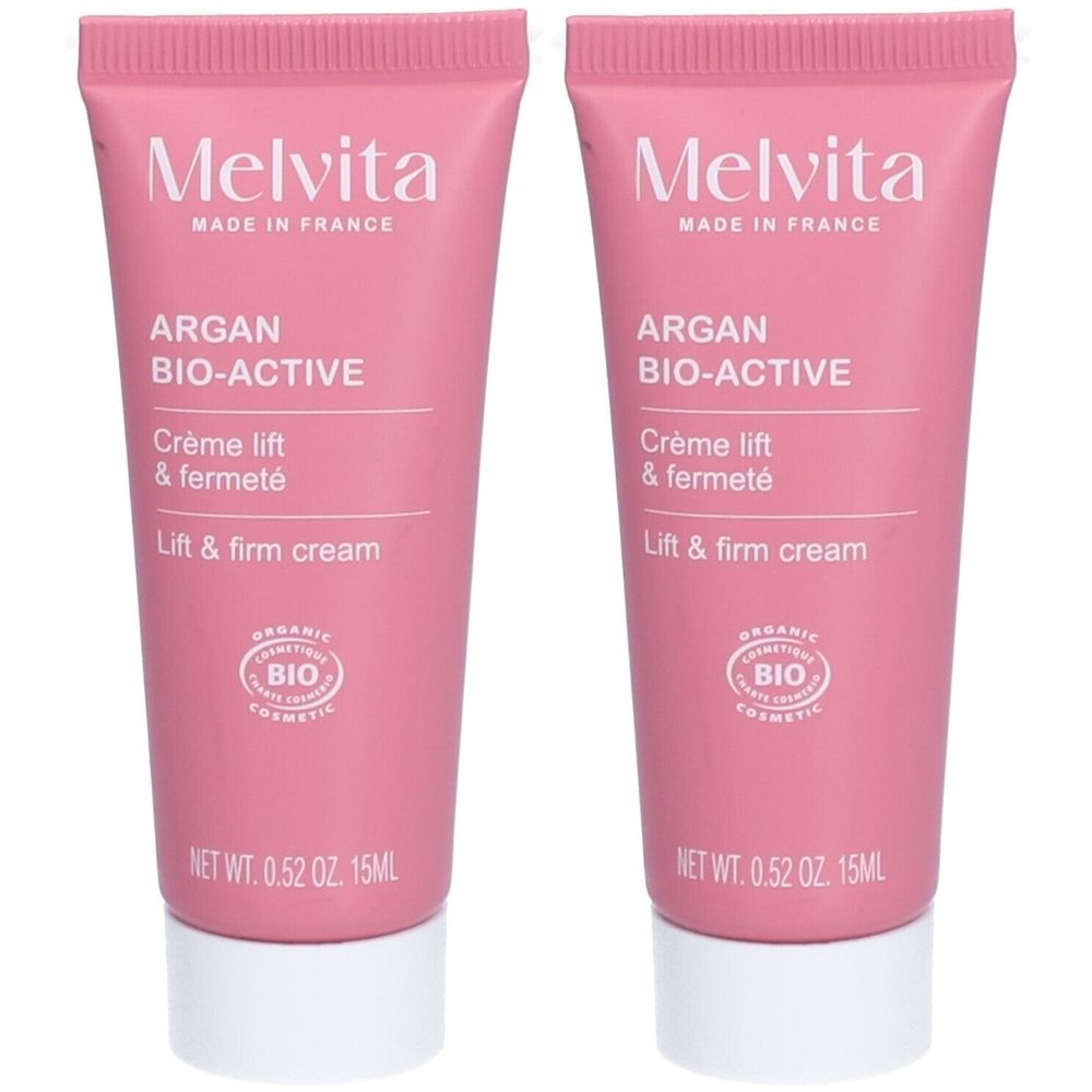 Deux tubes roses avec bouchons blancs. Chaque tube porte l'inscription "Melvita", "Argan Bio-Active Crème lift & fermeté" et un label bio.