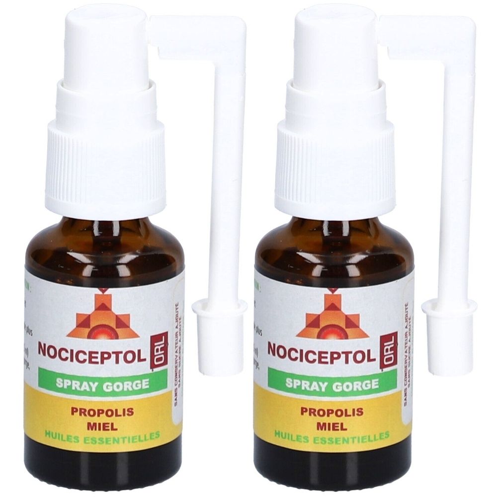 Deux flacons avec vaporisateur et applicateur blanc. Inscription: Nociceptol Spray Gorge, Propolis Miel, Huiles Essentielles.