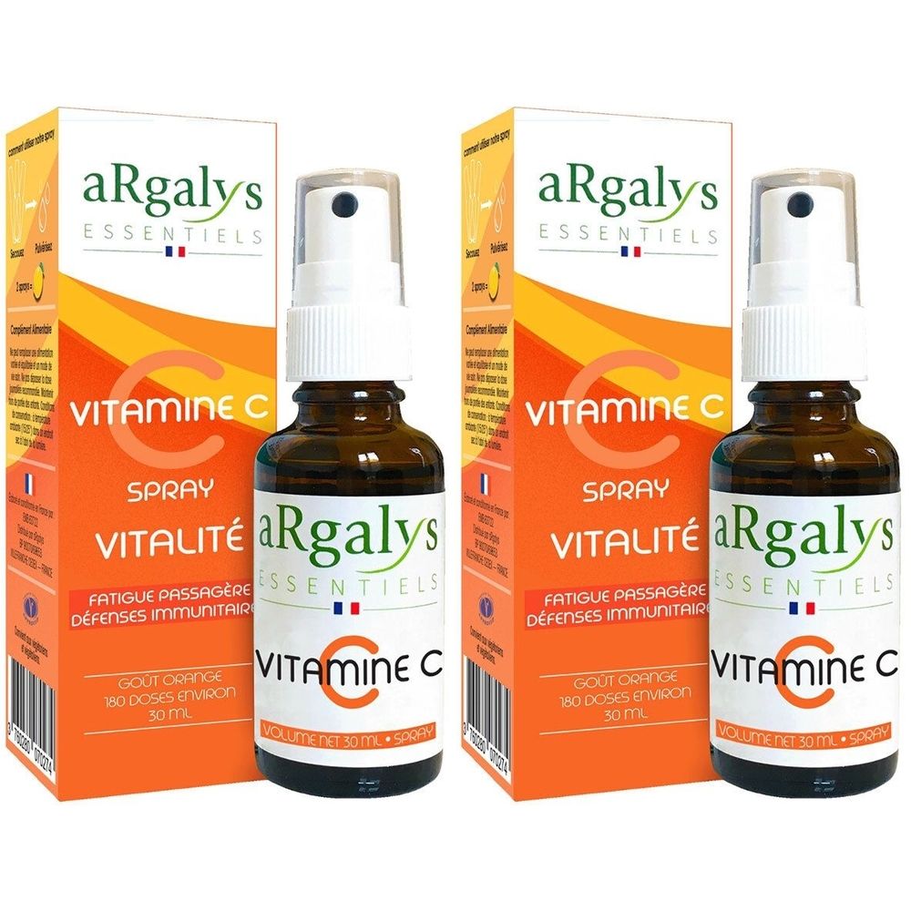 Deux flacons et emballages de spray aRgalys Vitamine C. Flacons bruns avec vaporisateur, emballage orange.