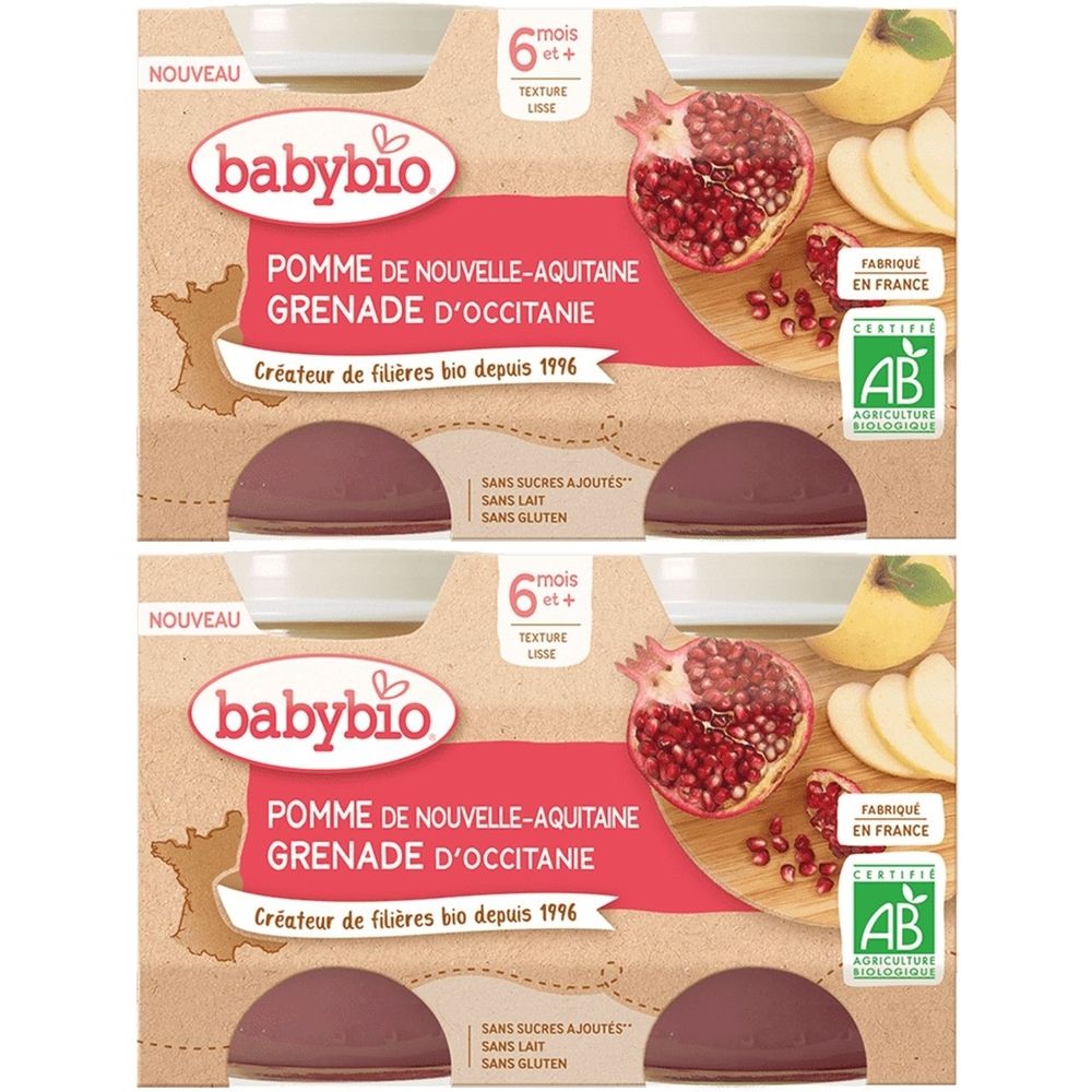 Emballage Babybio avec deux petits pots. Inscription Pomme Grenade. Label AB bio. Contient pomme et grenade. Pour bébés dès 6 mois.