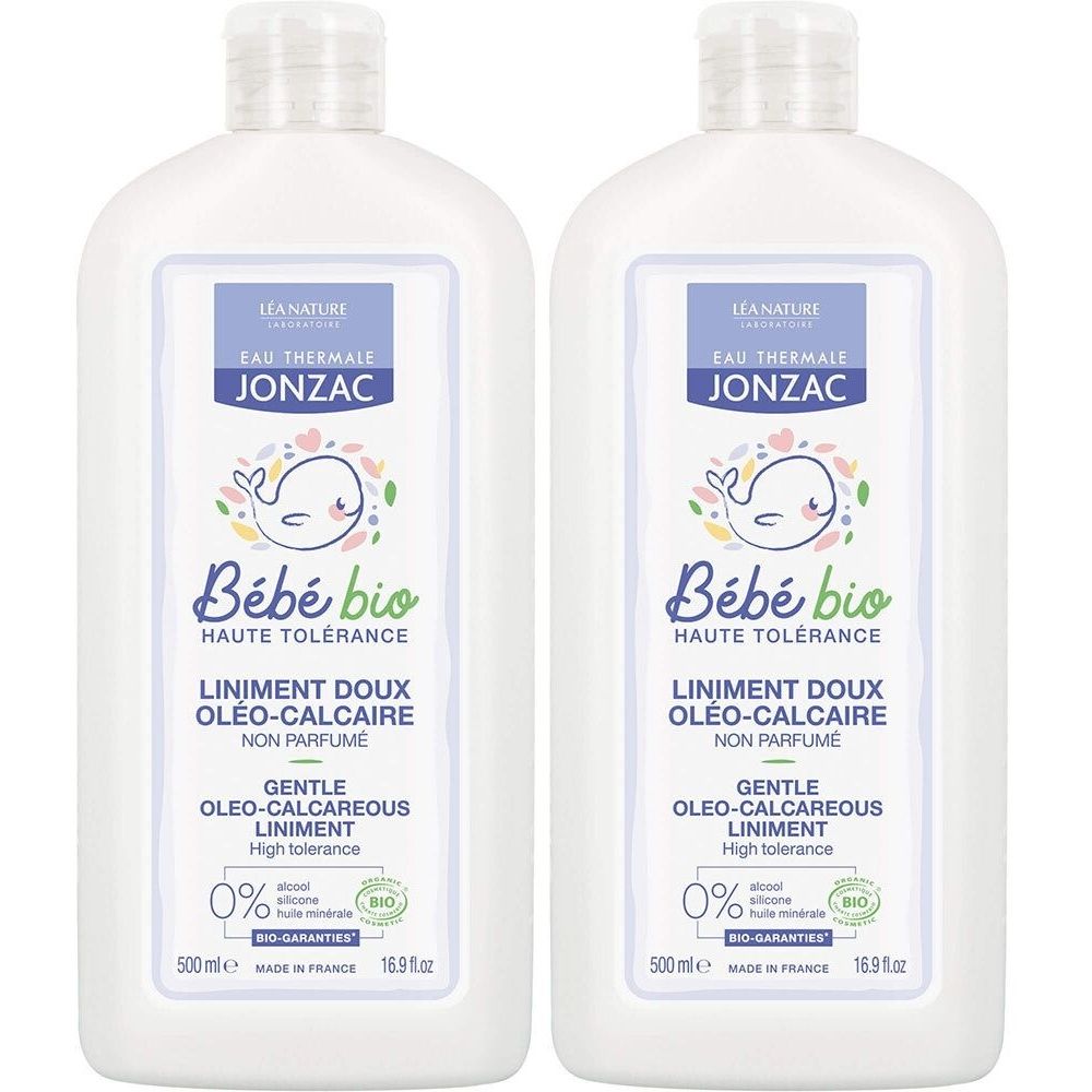 Deux flacons blancs avec étiquettes bleues et blanches. On lit "Jonzac Bébé bio". Texte : "Liniment Doux Oléo-Calcaire".