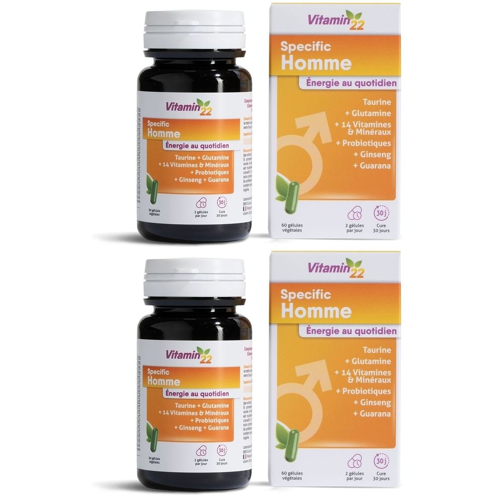 Deux flacons et deux boîtes de Vitamin22 Specific Homme. Inscription : Energie au quotidien. Contient taurine, glutamine, vitamines, minéraux, probiotiques.