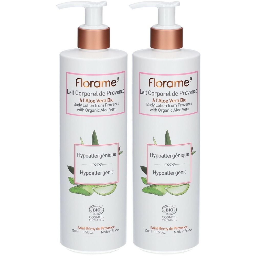 Deux flacons blancs avec pompe. Inscription: Florame Lait Corporel de Provence à l'Aloe Vera Bio. Hypoallergénique. Certification Bio.