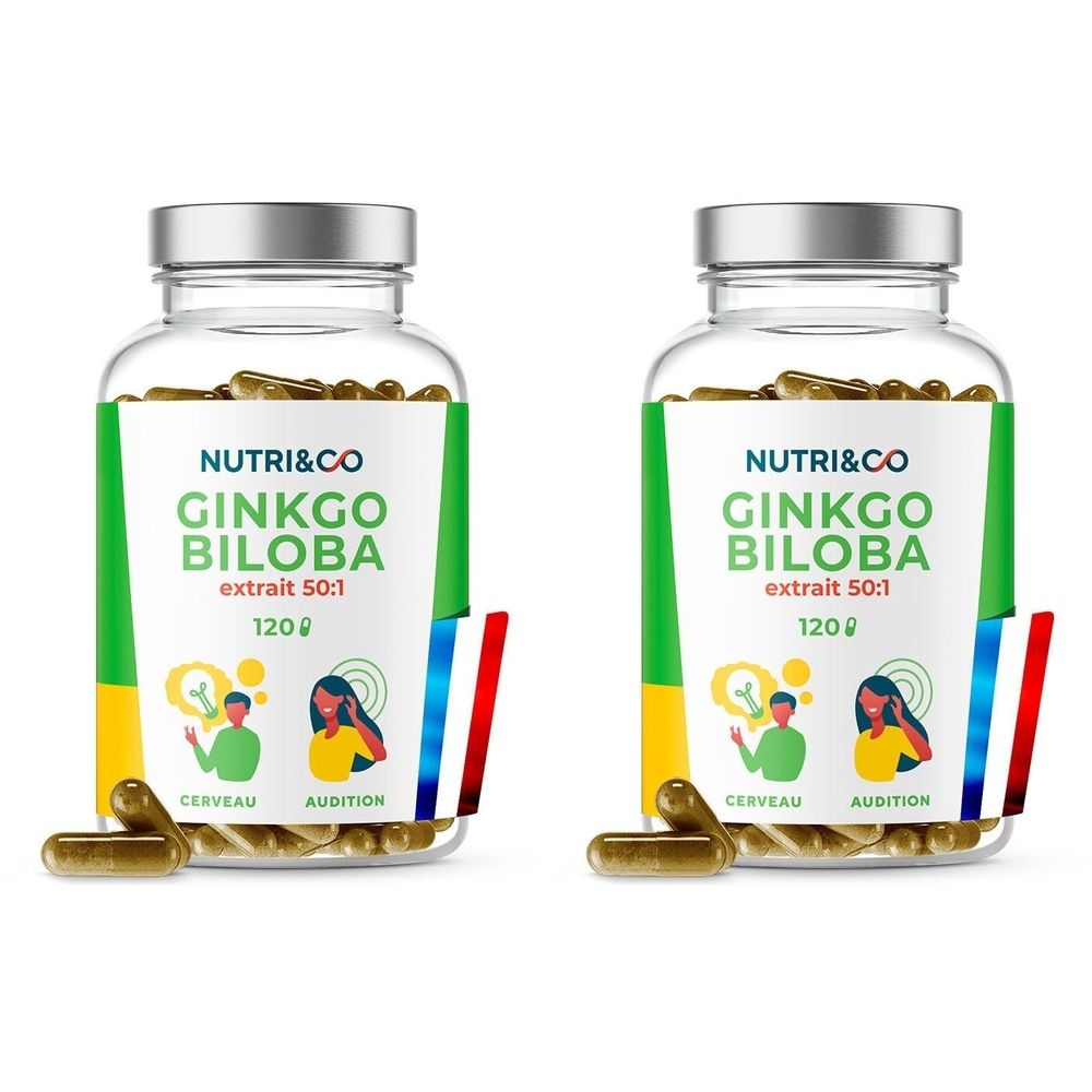 Deux flacons en verre de gélules de Ginkgo Biloba. Étiquette NUTRI&CO, Ginkgo Biloba, extrait 50:1, 120g. Drapeau français.