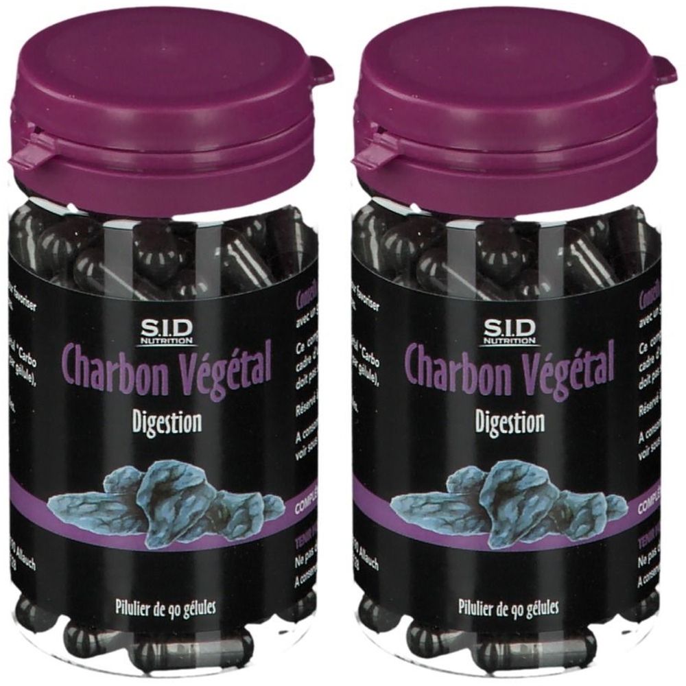 Deux flacons de gélules noires. Inscription: Charbon Végétal Digestion. Bouchons violets. Marque: S.I.D Nutrition.