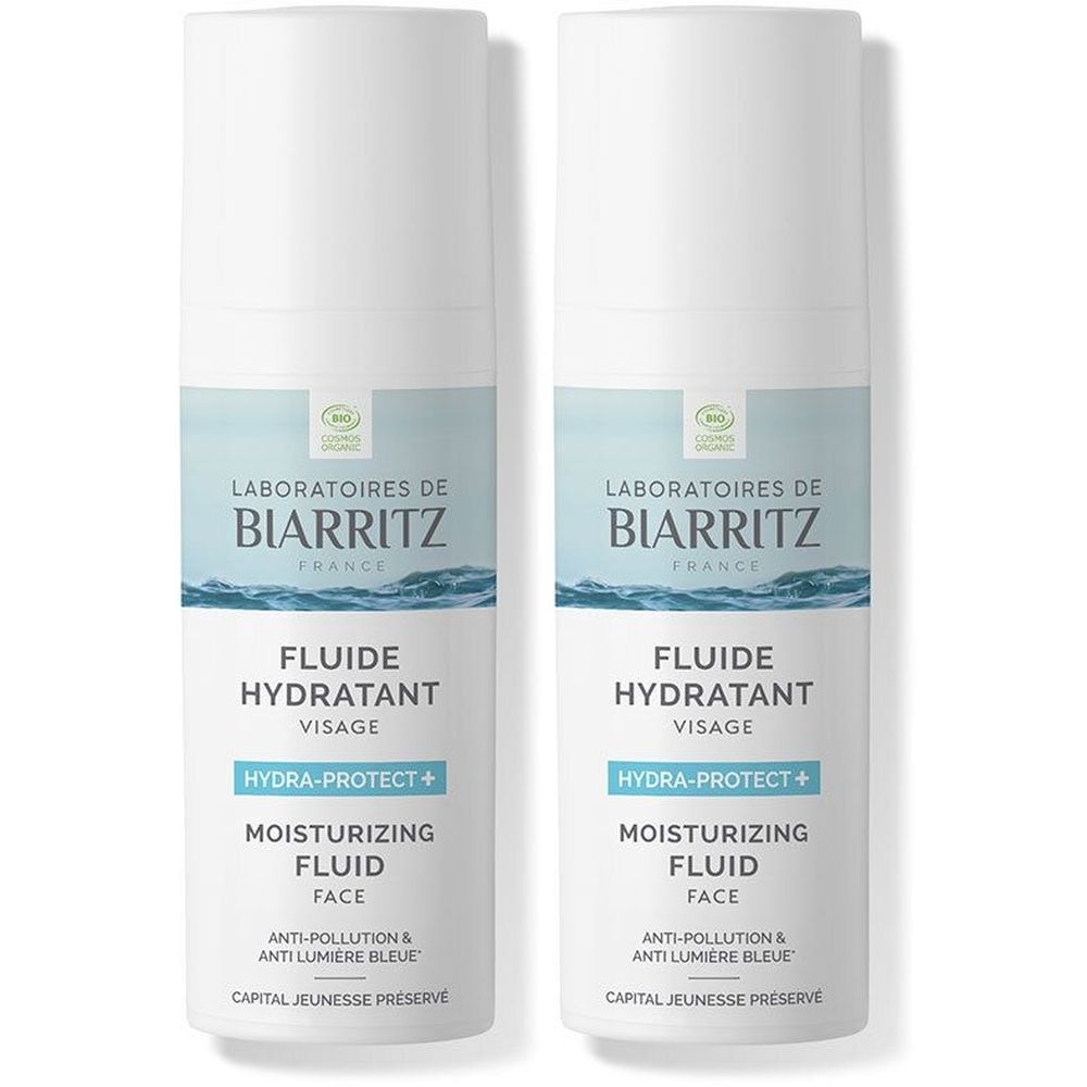 Deux flacons blancs avec étiquettes. Inscription: Laboratoires de Biarritz, Fluide Hydratant Visage, Hydra-Protect+.