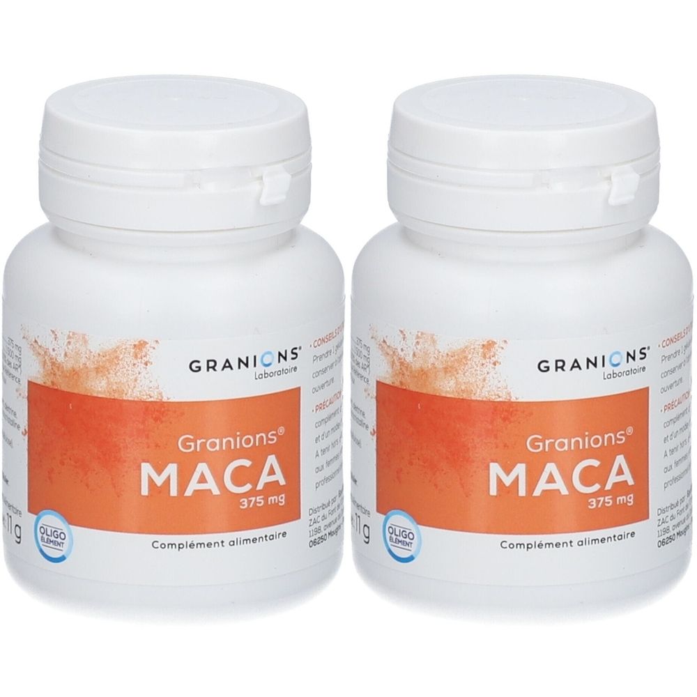 Deux flacons blancs avec couvercles. Inscription: Granions Maca 375 mg. Complément alimentaire.