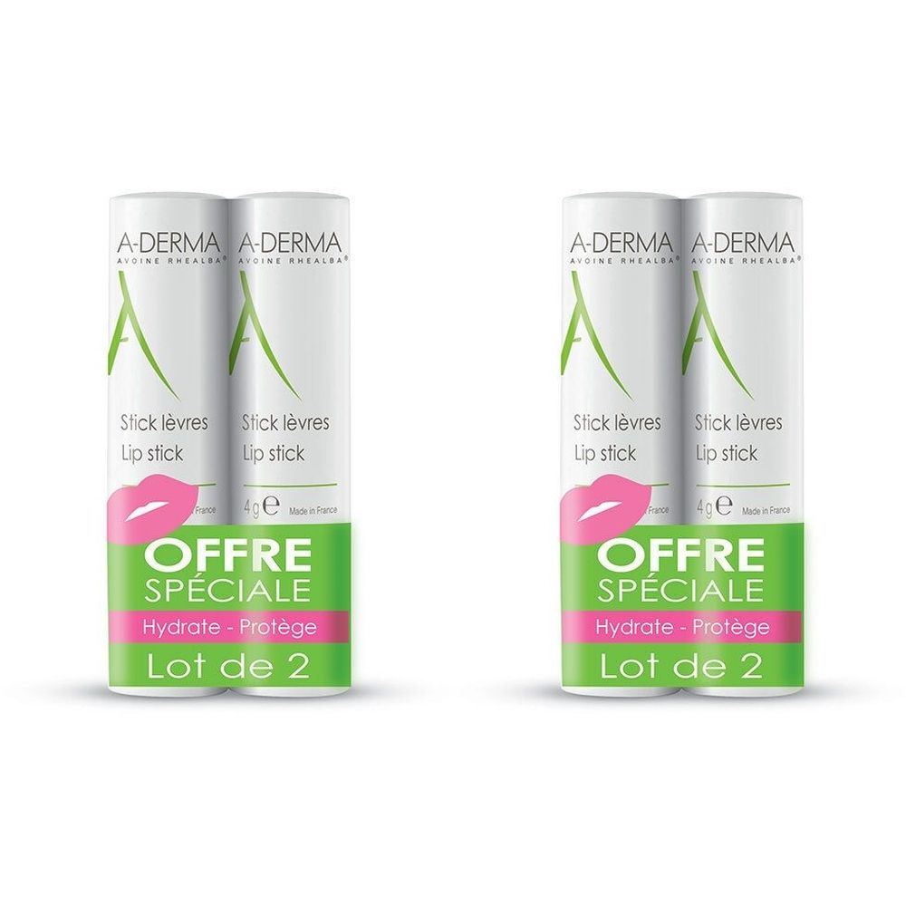 Deux sticks lèvres A-DERMA en emballage. Texte: OFFRE SPECIALE, Hydrate-Protége, Lot de 2. Illustration de lèvres.