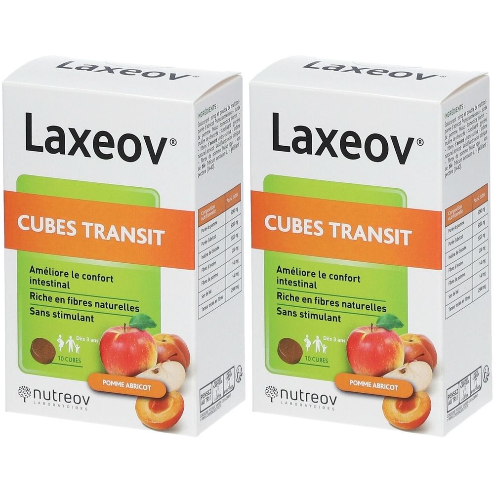 Deux boîtes Laxeov CUBES TRANSIT. Inscription: Améliore le confort intestinal. Illustration pomme et abricot. Marque: Nutreov.