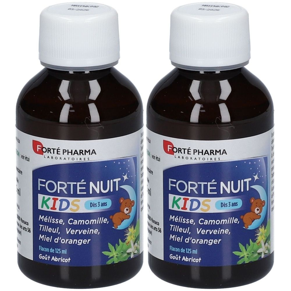 Deux flacons de FORTÉ NUIT KIDS. Étiquettes bleues avec lune, étoiles et ours. Contient mélisse, camomille, tilleul, verveine, miel d'orange.