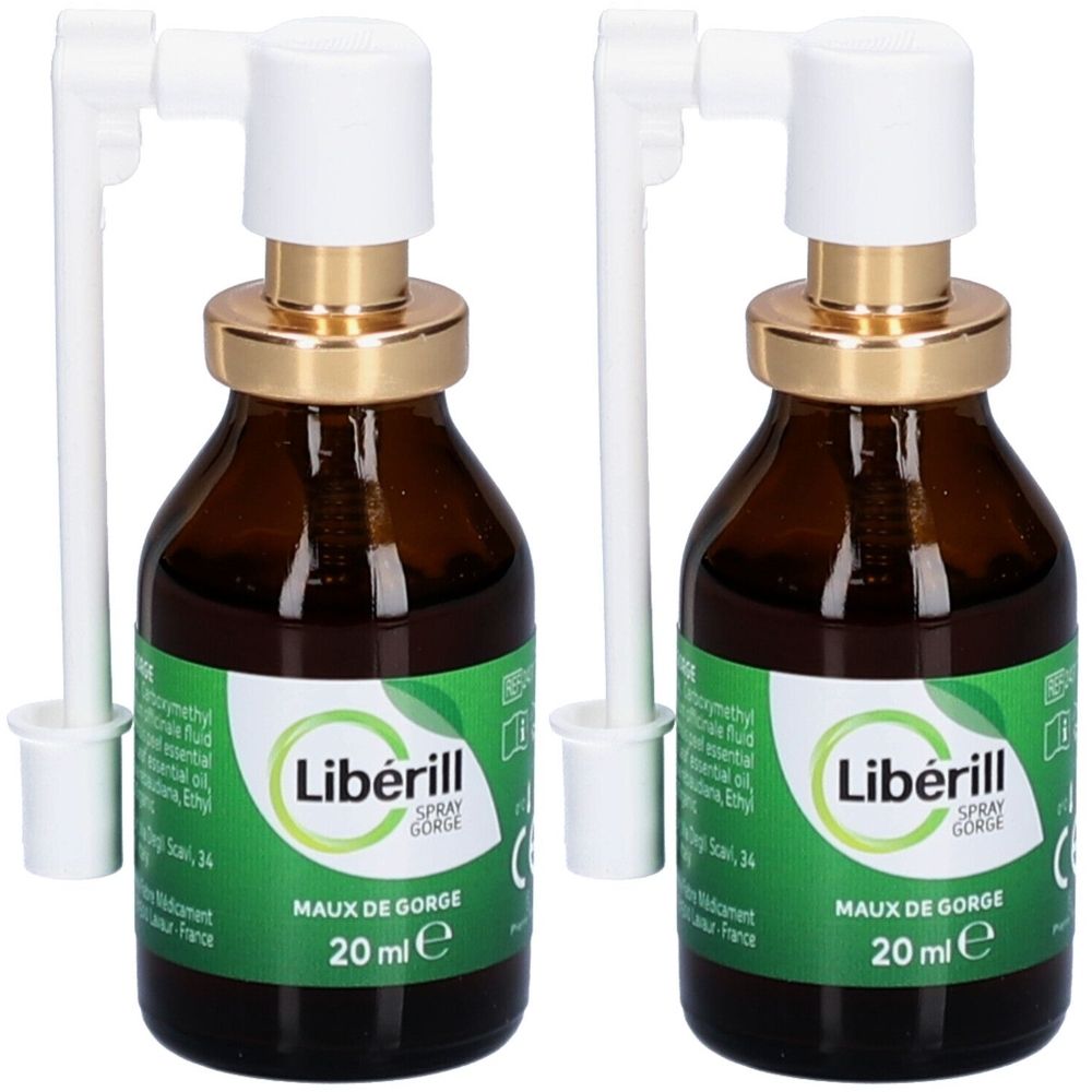 Deux flacons en verre brun avec vaporisateur. Les étiquettes indiquent "Libérill Spray Gorge" et "Maux de Gorge", 20 ml.