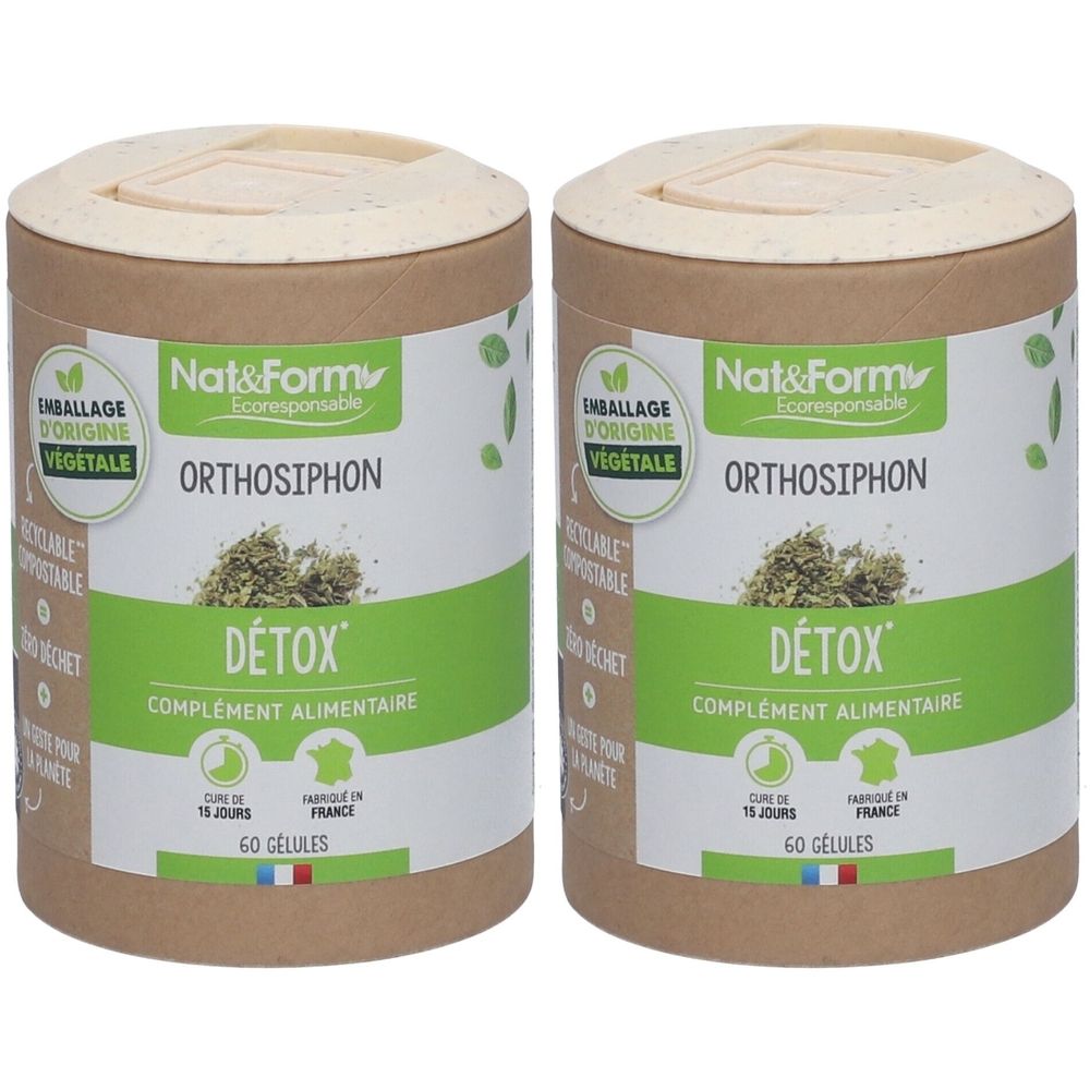 Deux boîtes cylindriques avec couvercle. Inscription: Nat&Form Orthosiphon, DÉTOX, complément alimentaire. 60 Gélules. Emballage végétal.