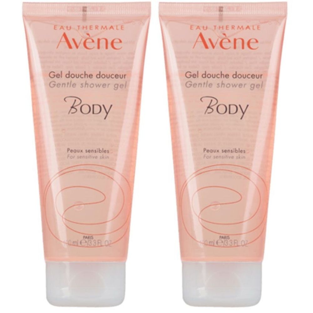 Deux tubes de gel douche. Emballage rose transparent avec bouchon blanc. Inscription : Avène, Gel douche douceur, Body.