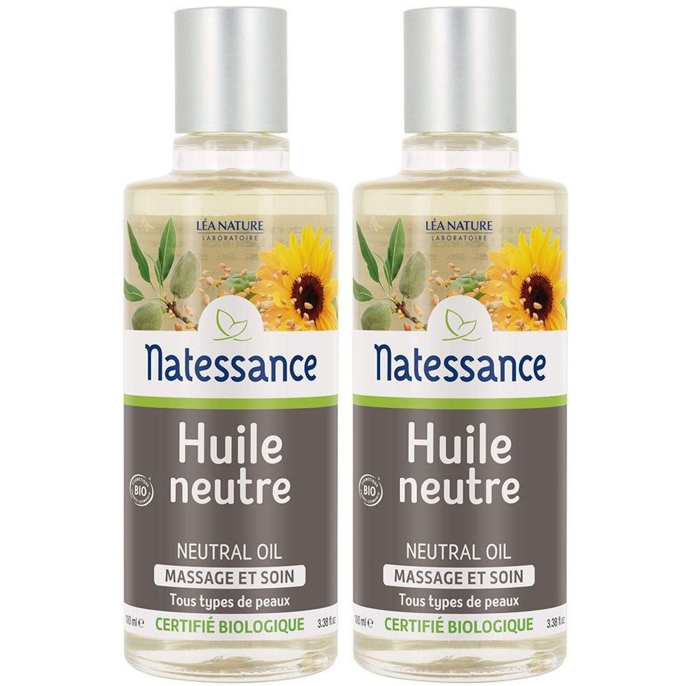 Deux flacons d'Huile Neutre Bio Natessance, bouchons argentés. Liquide clair, étiquette avec tournesols et amandes.