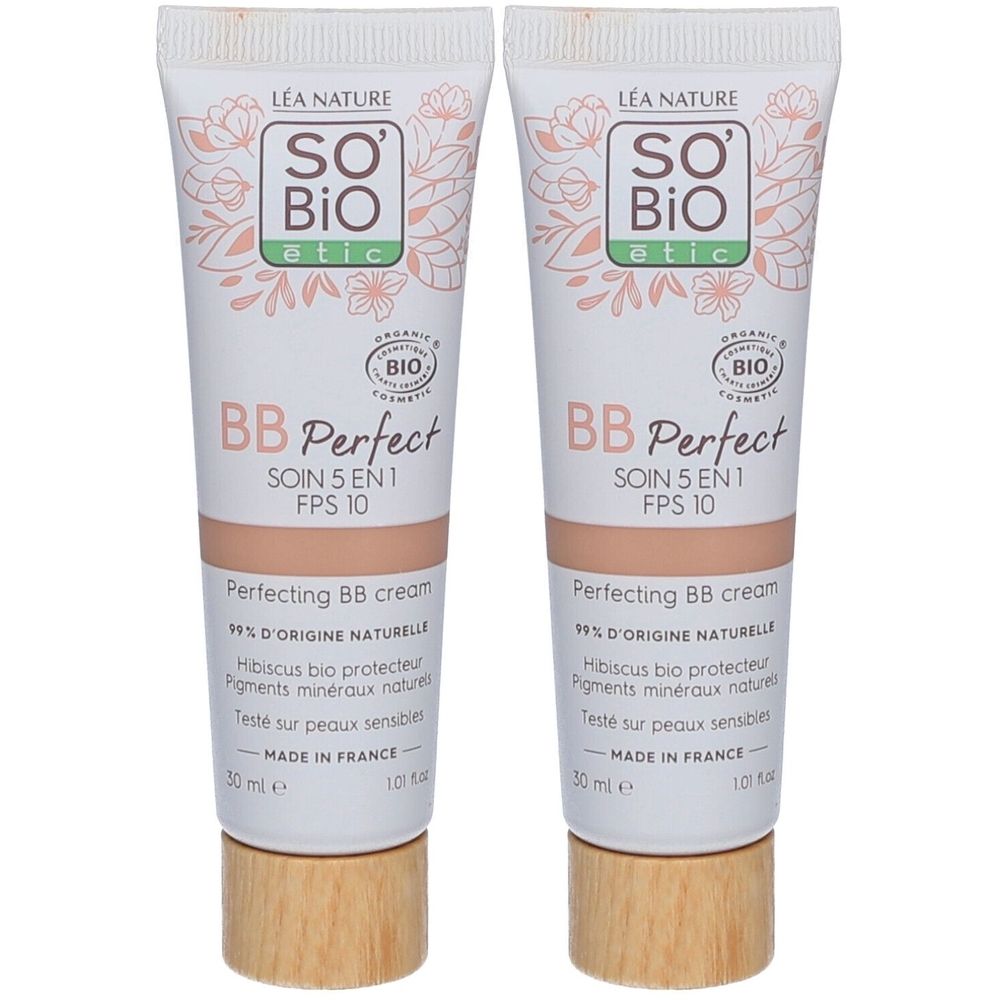 Deux tubes de BB Crème Perfectrice. Inscription: SO'BiO étic, BB Perfect, FPS 10. Certifié bio. Teinte beige, bouchon en bois.