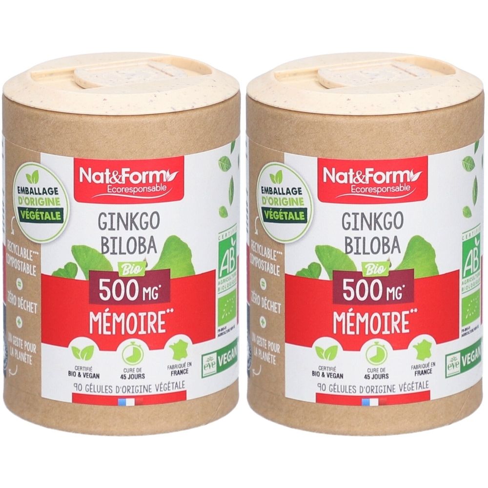 Deux boîtes cylindriques avec couvercles. Inscription: Nat&Form Ginkgo Biloba Bio Mémoire. Certifications: AB, Vegan. 90 gélules.