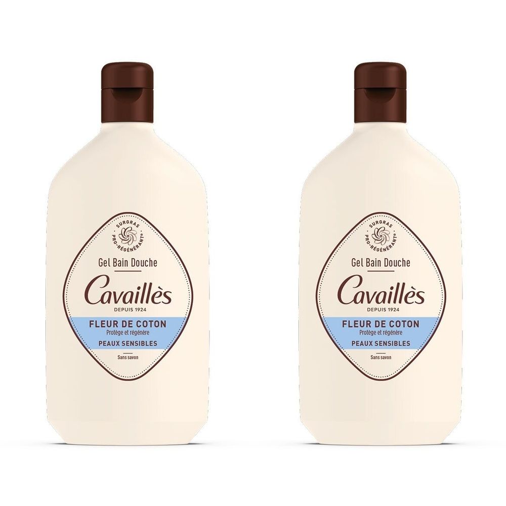Deux flacons de gel douche. Bouteille blanche avec bouchon marron. Inscription : Cavaillès, Fleur de Coton, peaux sensibles.