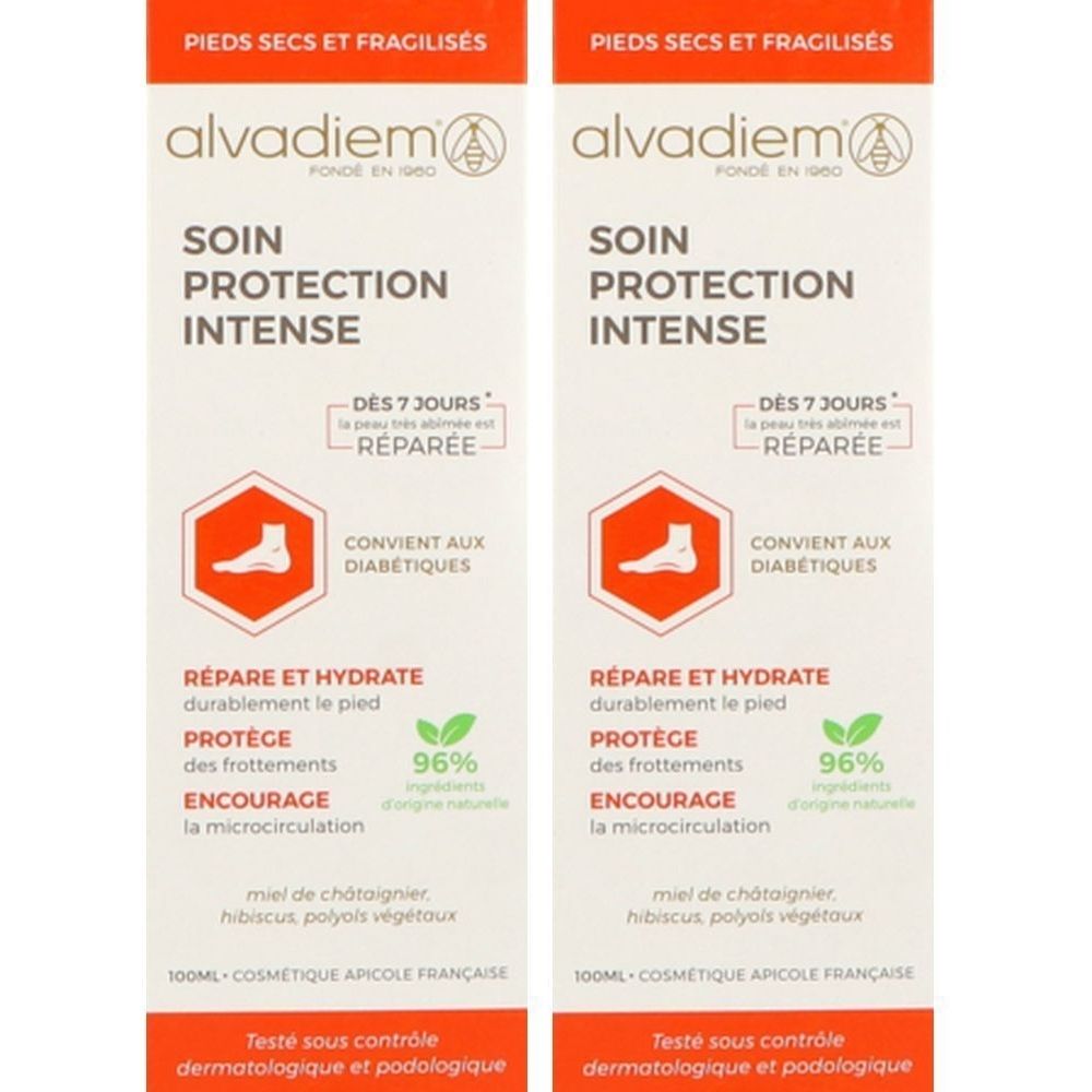 Deux tubes de crème Alvadiem Soin Protection Intense. Emballage blanc, texte rouge et vert. Pour pieds secs, diabétiques.