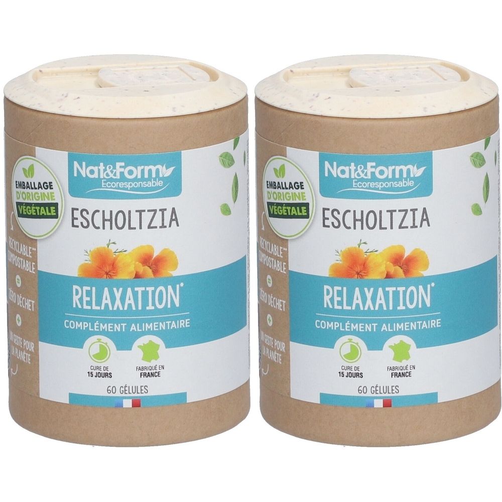 Deux boîtes cylindriques avec Escholtzia, Relaxation, complément alimentaire. Emballage d'origine végétale, 60 gélules. Marque Nat&Form.
