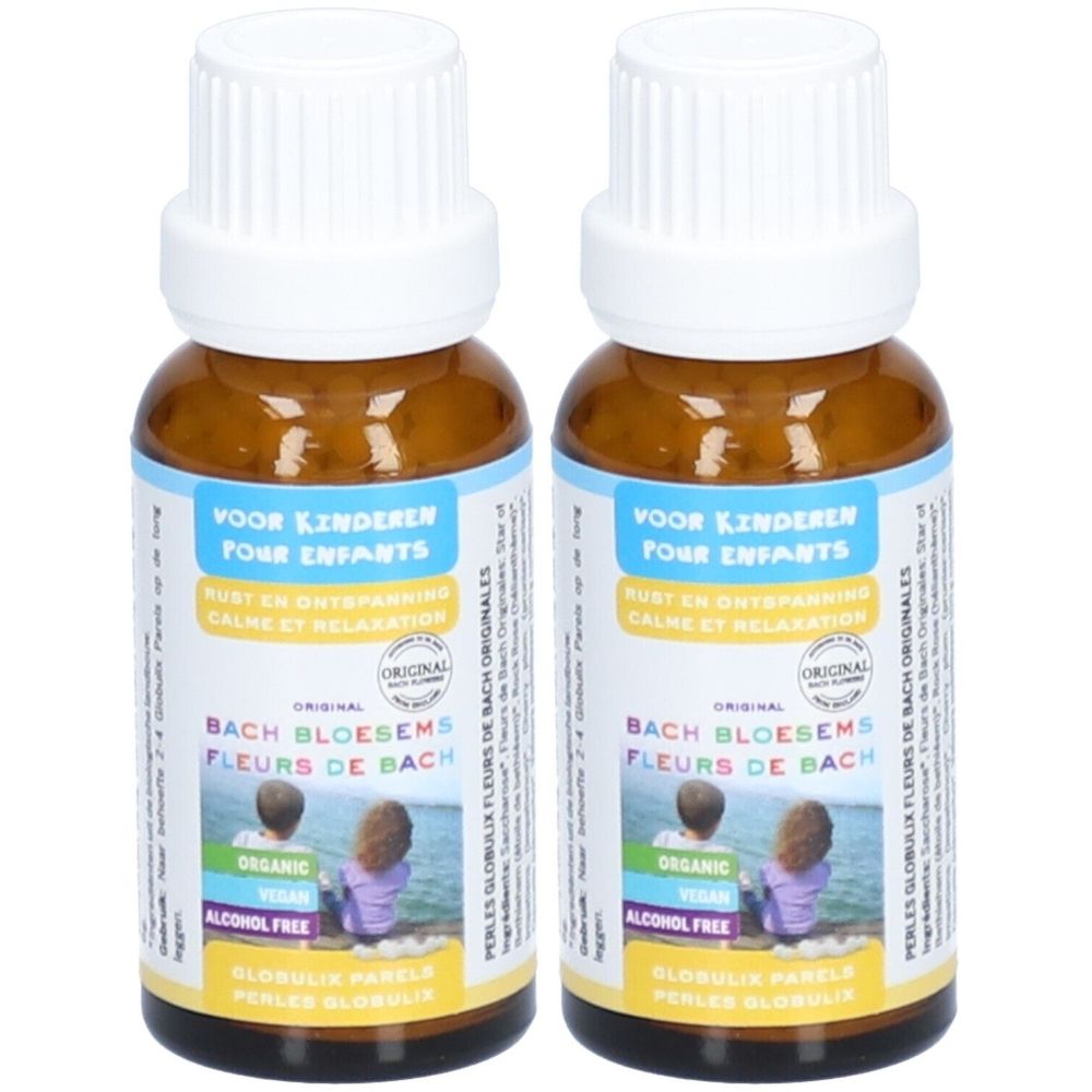 Deux flacons en verre brun avec bouchons blancs. Étiquettes avec texte: Bach Bloesems, Pour Enfants, Organic, Alcohol Free.