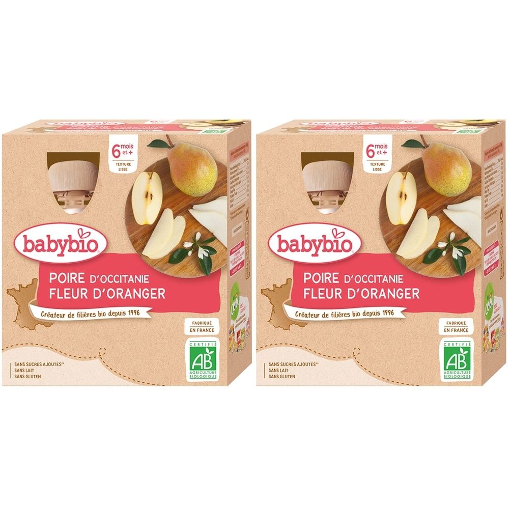 Deux boîtes Babybio POIRE D'OCCITANIE FLEUR D'ORANGER. Illustration de poire et fleur d'oranger. Certification AB bio.