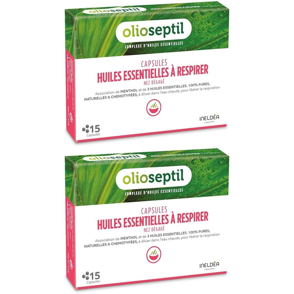 Deux boîtes de capsules olioseptil. Inscription: HUILES ESSENTIELES À RESPIRER. Contient 15 capsules.