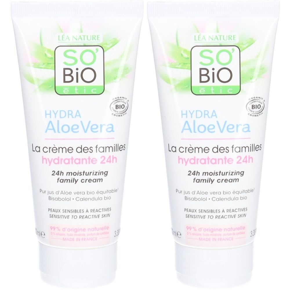 Deux tubes blancs avec des accents verts et roses. Inscription : SO BIO etic, Hydra Aloe Vera, La crème des familles hydratante 24h. Certification bio.