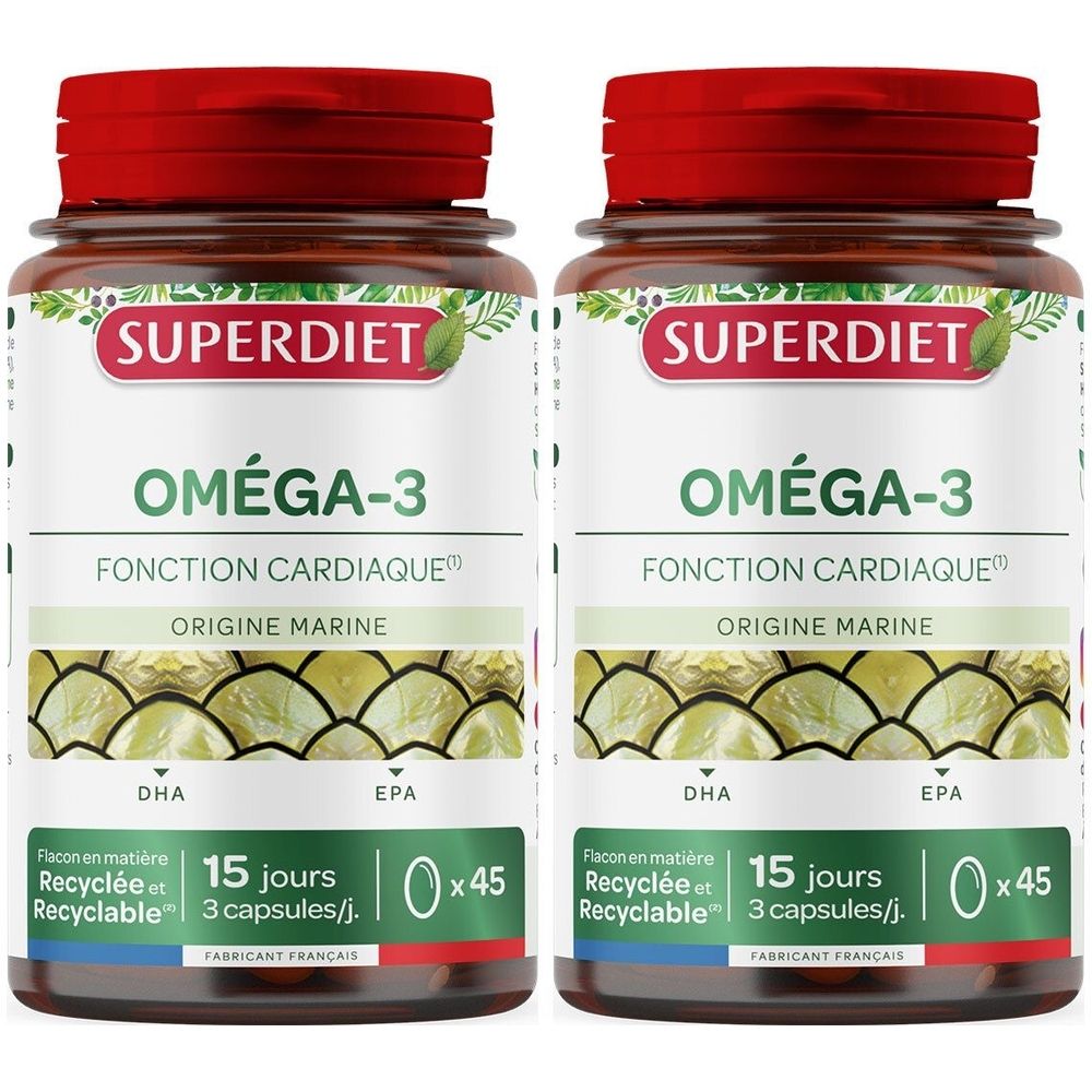 Deux flacons avec bouchon rouge. Inscription: SUPERDIET, OMÉGA-3, FONCTION CARDIAQUE, ORIGINE MARINE. 45 capsules. Flacon recyclable.