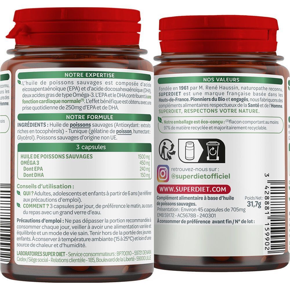 Vue arrière de deux flacons de Superdiet Oméga-3 avec informations détaillées sur le produit et les ingrédients.