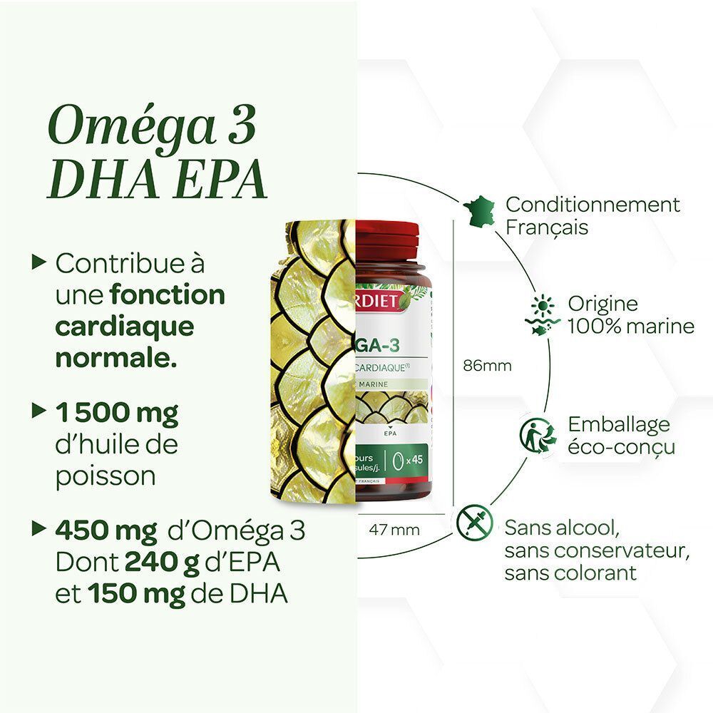 Flacon de Superdiet Oméga-3, 1500 mg d'huile de poisson, 450 mg d'Oméga-3 dont 240 mg EPA et 150 mg DHA.