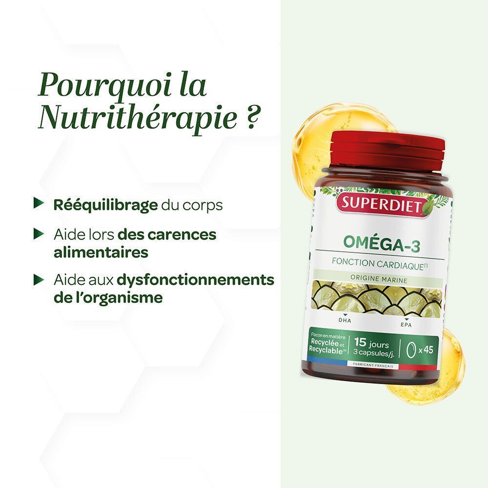 Flacon de Superdiet Oméga-3 mettant en avant les bienfaits pour la fonction cardiaque et la nutrithérapie.