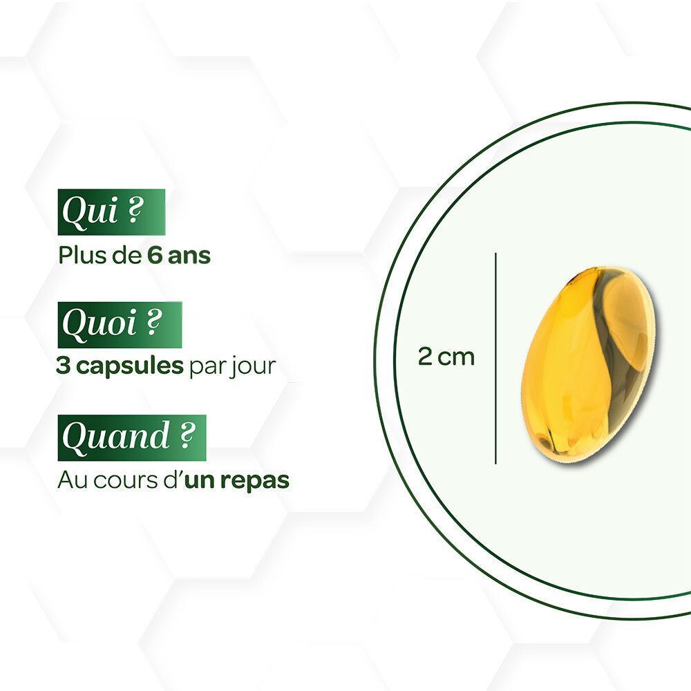 Gélule individuelle de Superdiet Oméga-3, 2 cm de long, à prendre 3 gélules par jour au cours d'un repas.