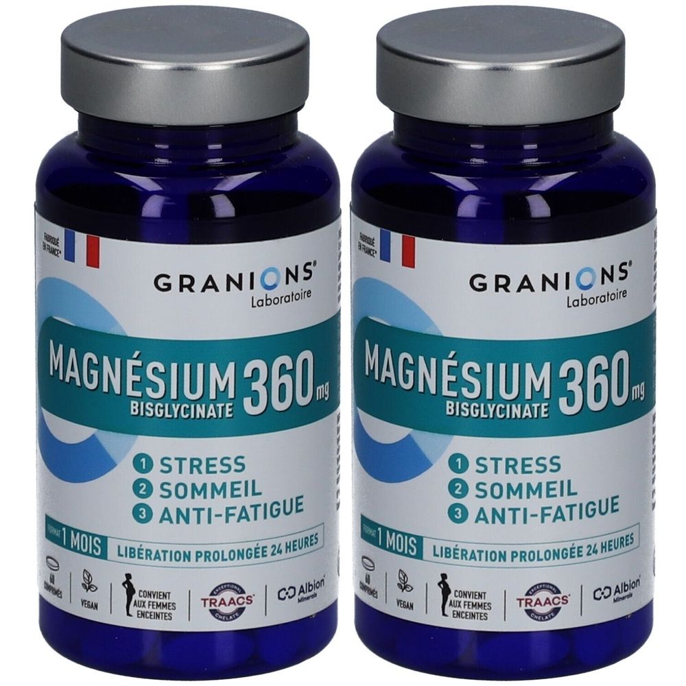 Deux flacons bleus avec bouchons argentés. Inscription: GRANIONS Magnésium 360 mg. Indications: stress, sommeil, anti-fatigue. Drapeau français.