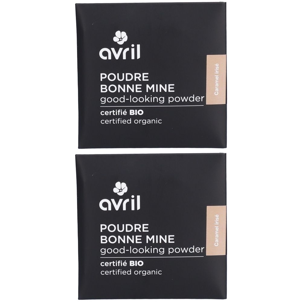 Deux emballages de poudre noirs. Inscription : avril, POUDRE BONNE MINE, good-looking powder, certifié BIO, certified organic. Teinte : Caramel irisé.