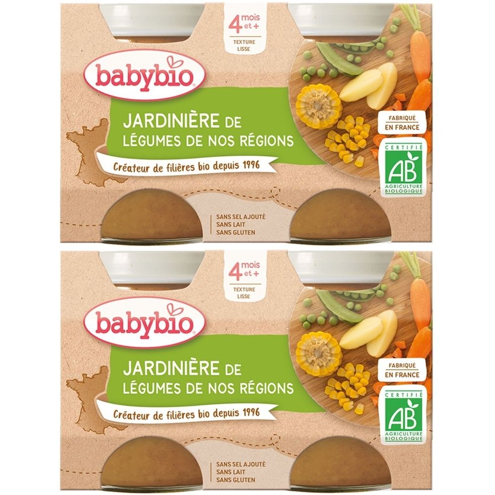 Emballage de purée de légumes Babybio. Inscription: Jardinière de légumes de nos régions. Certification bio. Sans sel, lait et gluten.