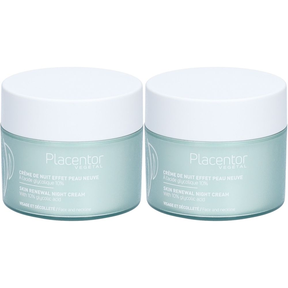 Deux pots de crème PLACENTOR Crème de Nuit Effet Peau Neuve. Pots vert clair avec couvercles blancs. Texte: Skin Renewal Night Cream.