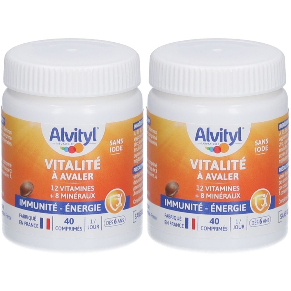 Deux flacons blancs avec étiquette orange. Inscription : Alvityl Vitalité, 12 vitamines + 8 minéraux, immunité - énergie. Sans iode.