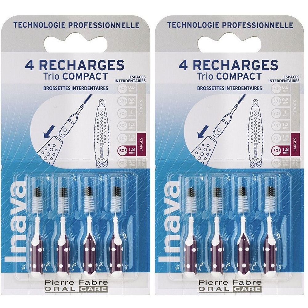 Paquet de 4 recharges Inava Trio Compact. Manche violet à pois blancs. Pierre Fabre Oral Care.