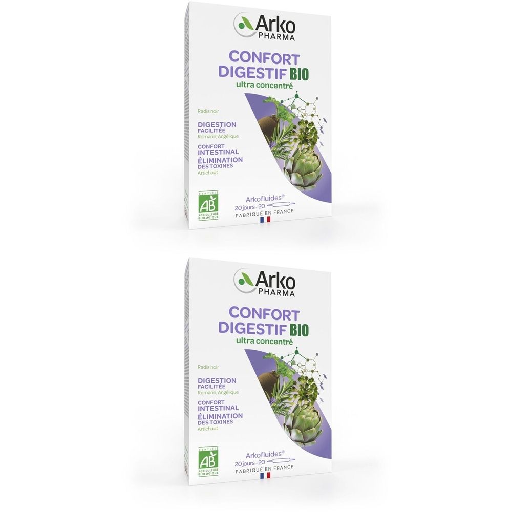 Deux boîtes "CONFORT DIGESTIF BIO". Le logo Arko Pharma est visible sur chaque boîte.