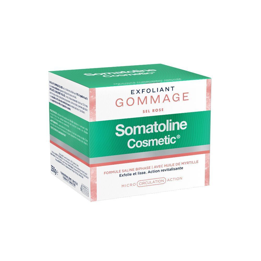 Boîte carrée Somatoline Cosmetic® Gommage au sel de rose. Design vert et blanc avec nom et texte du produit. Exfoliant Gommage.