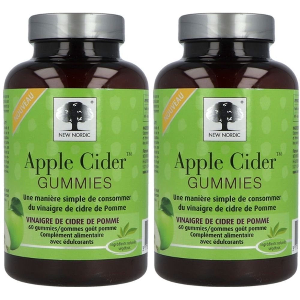 Deux flacons de compléments alimentaires. Étiquettes vertes avec texte et logo. Inscription: New Nordic Apple Cider Gummies. Flacons bruns, couvercles argentés.
