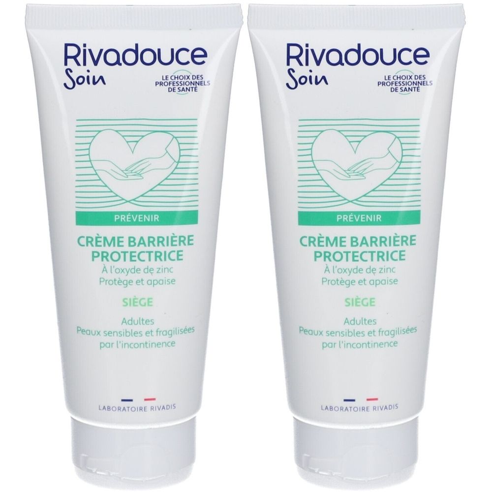 Deux tubes blancs de Crème Barrière Protectrice. Inscriptions Rivadouce, Soin, PREVENIR, Crème Barrière Protectrice, pour adultes à peau sensible.