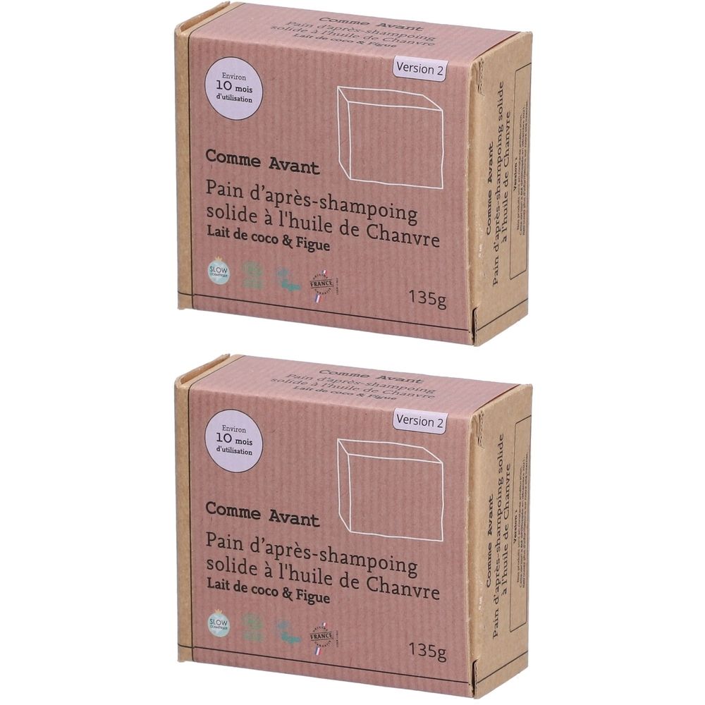 Deux boîtes rectangulaires. Inscription: Comme Avant, Pain d'après-shampoing solide à l'huile de Chanvre, Lait de coco & Figue. 135g.