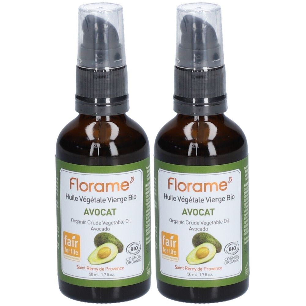 Deux flacons en verre brun avec pompe. Étiquettes : "Florame Huile Végétale Vierge Bio AVOCAT". Avec labels Bio et Fair for Life.