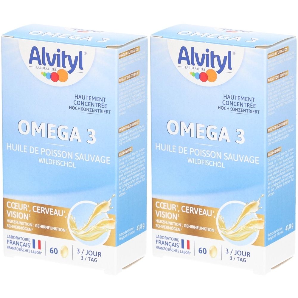 Deux boîtes Alvityl Omega 3. Inscription: Omega 3, Huile de Poisson Sauvage. Contient 60 capsules. Laboratoire français.