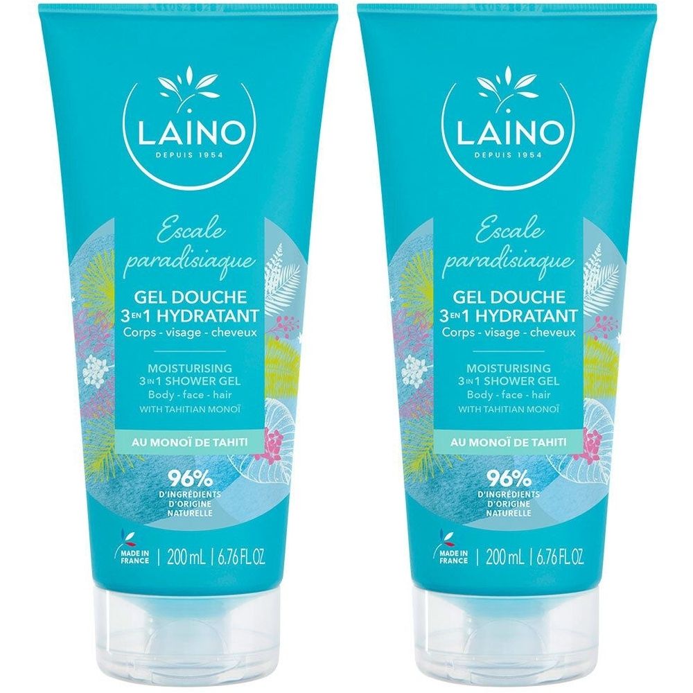 Deux tubes bleus avec bouchon blanc. Inscription: LAINO, Gel Douche 3-en-1 hydratant. Contient 96% d'ingrédients d'origine naturelle.