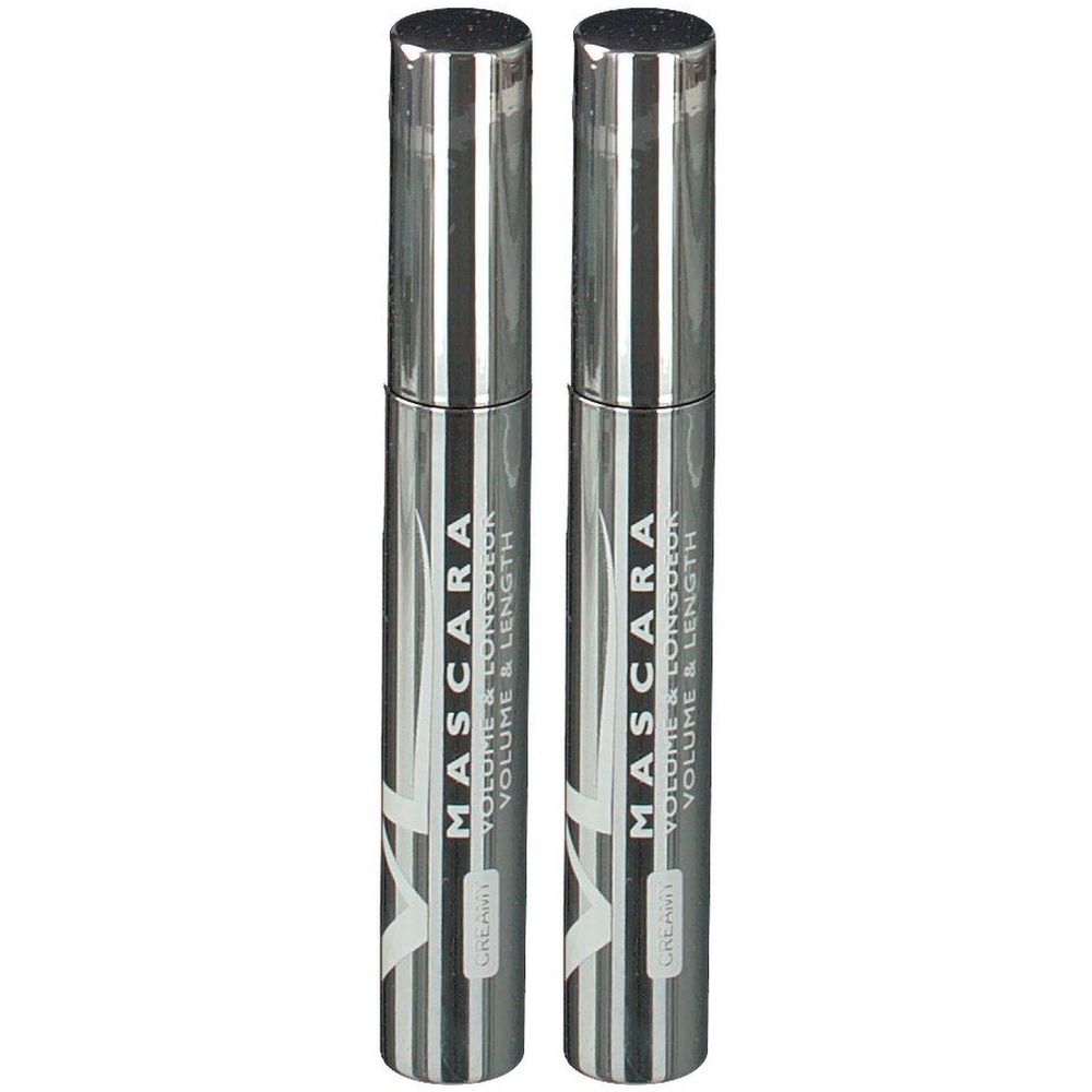 Deux tubes de mascara argentés. Inscription: MASCARA VOLUME & LONGUEUR. Inscription crème.