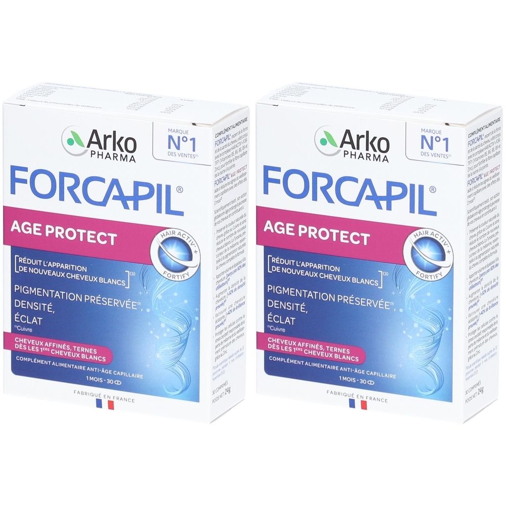 Deux boîtes de Forcapil Age Protect. Boîte blanche avec nom et logo du produit. Texte: Réduit l'apparition de cheveux blancs, densité, éclat.