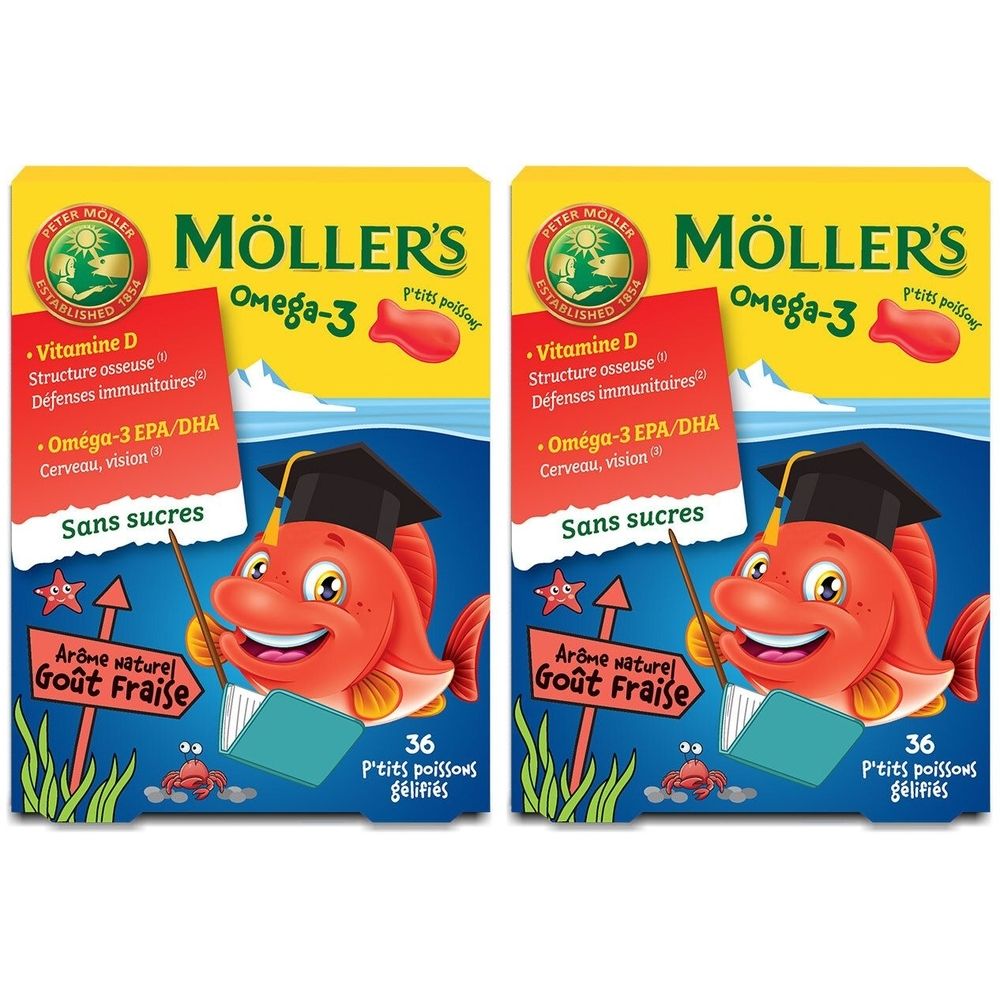 Deux boîtes de Möller's Omega-3 P'tits Poissons. Emballage jaune avec illustration de poisson. Contient 36 poissons gélifiés.