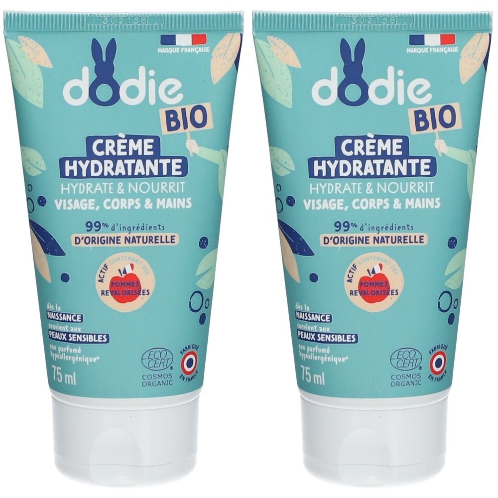 Deux tubes de crème dodie BIO. Crème hydratante pour visage, corps et mains. Ingrédients d'origine naturelle. Certifié bio. Fond bleu.